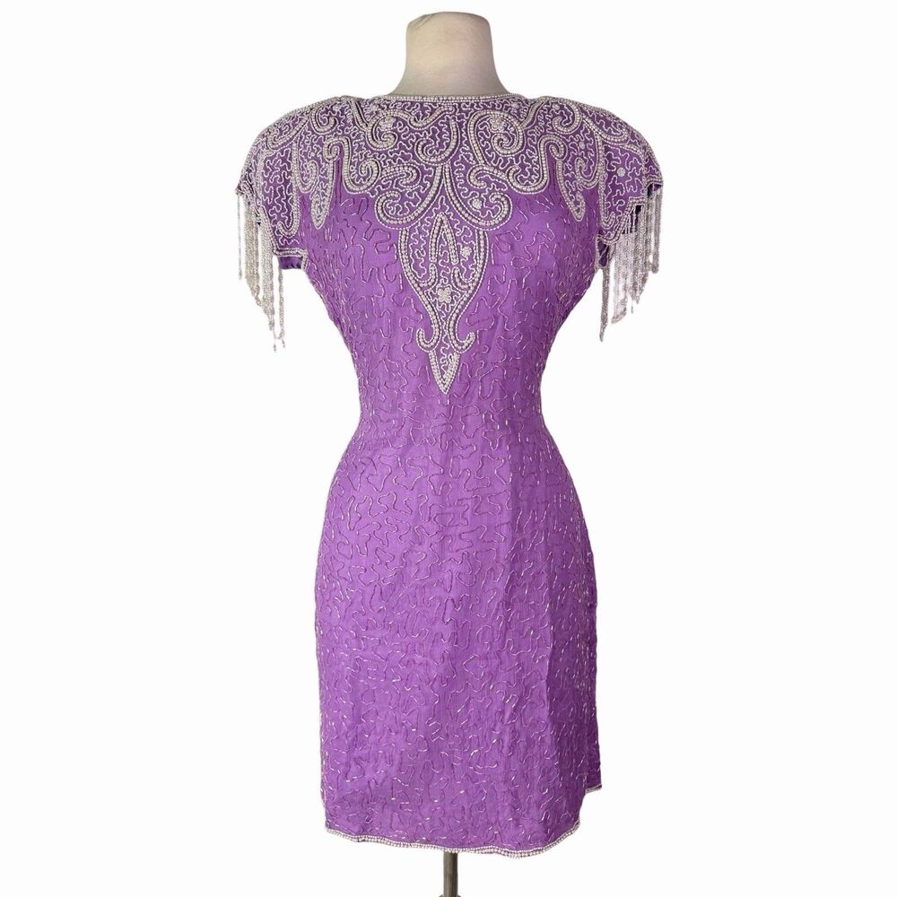 NWT Vintage 80s Lavender Silk Beaded Fringe Cocktail Dress Art Deco Mini Large